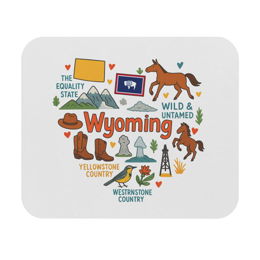 Wyoming state with icons: map, flag, horses, mountains, boots, cowboy hat, bird, oil derrick, and text.