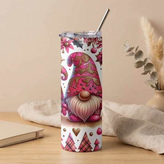 Pink gnome tumbler with Christmas trees and floral accents, featuring a metal straw.