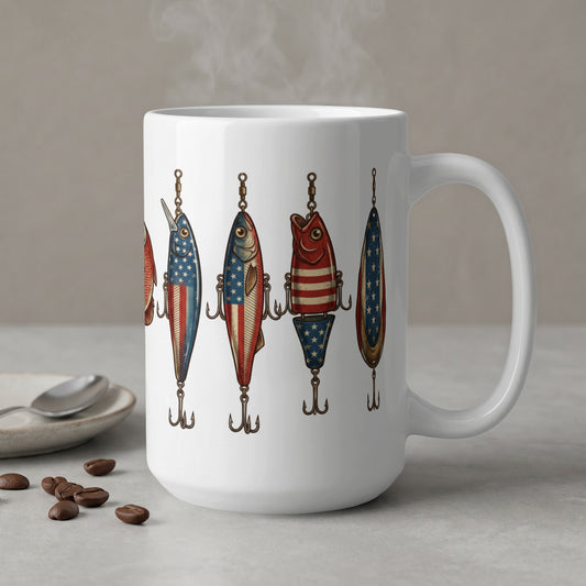 White mug with fishing lures designed with American flag patterns.