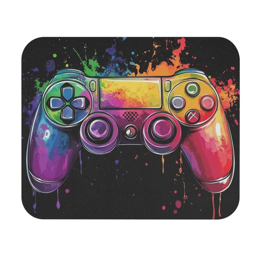 Video game controller with colorful paint splatter effect on black background.