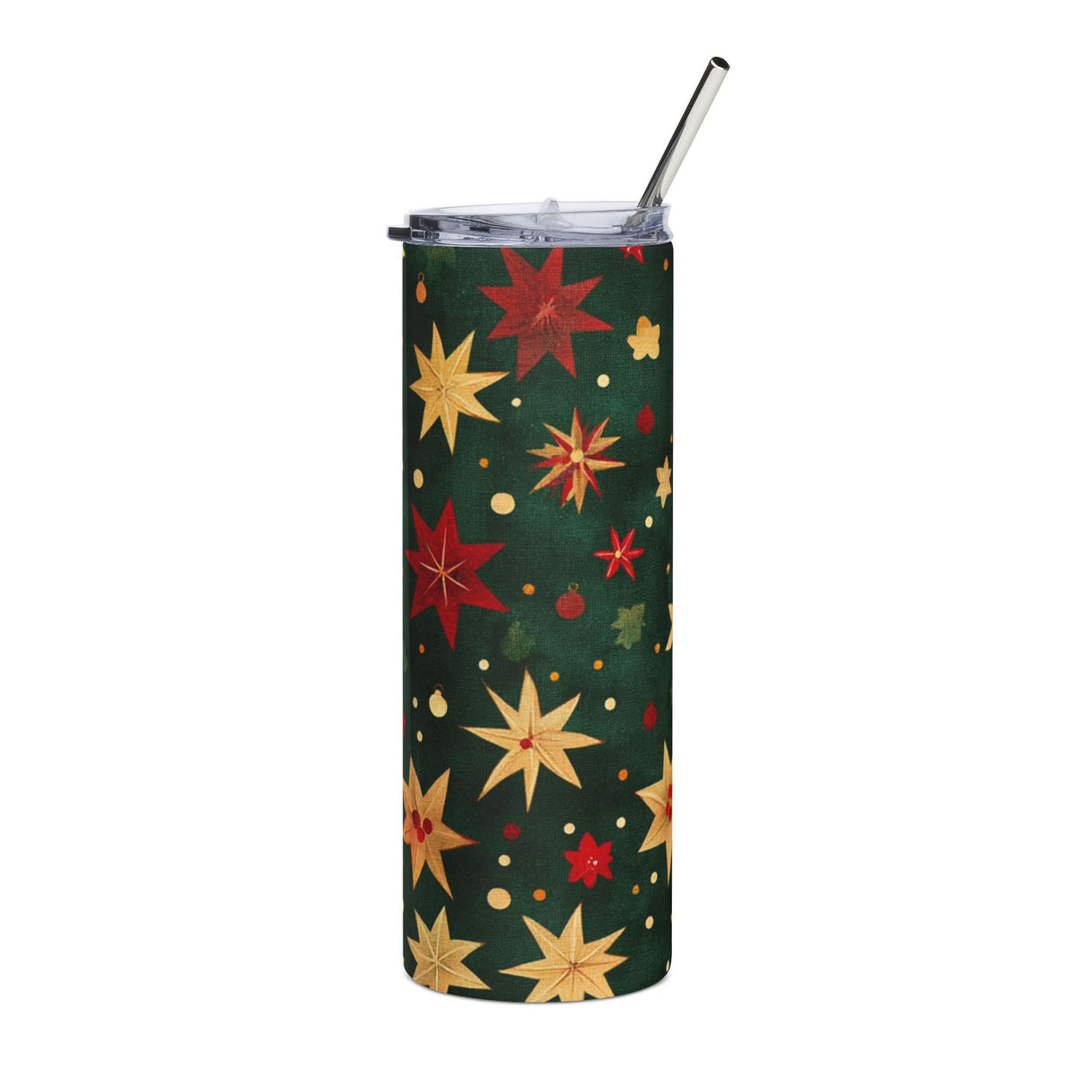 Tumbler with green background and gold and red star pattern, with a metal straw.