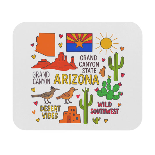 Arizona state map, Grand Canyon, sun, cacti, roadrunners, and desert text.