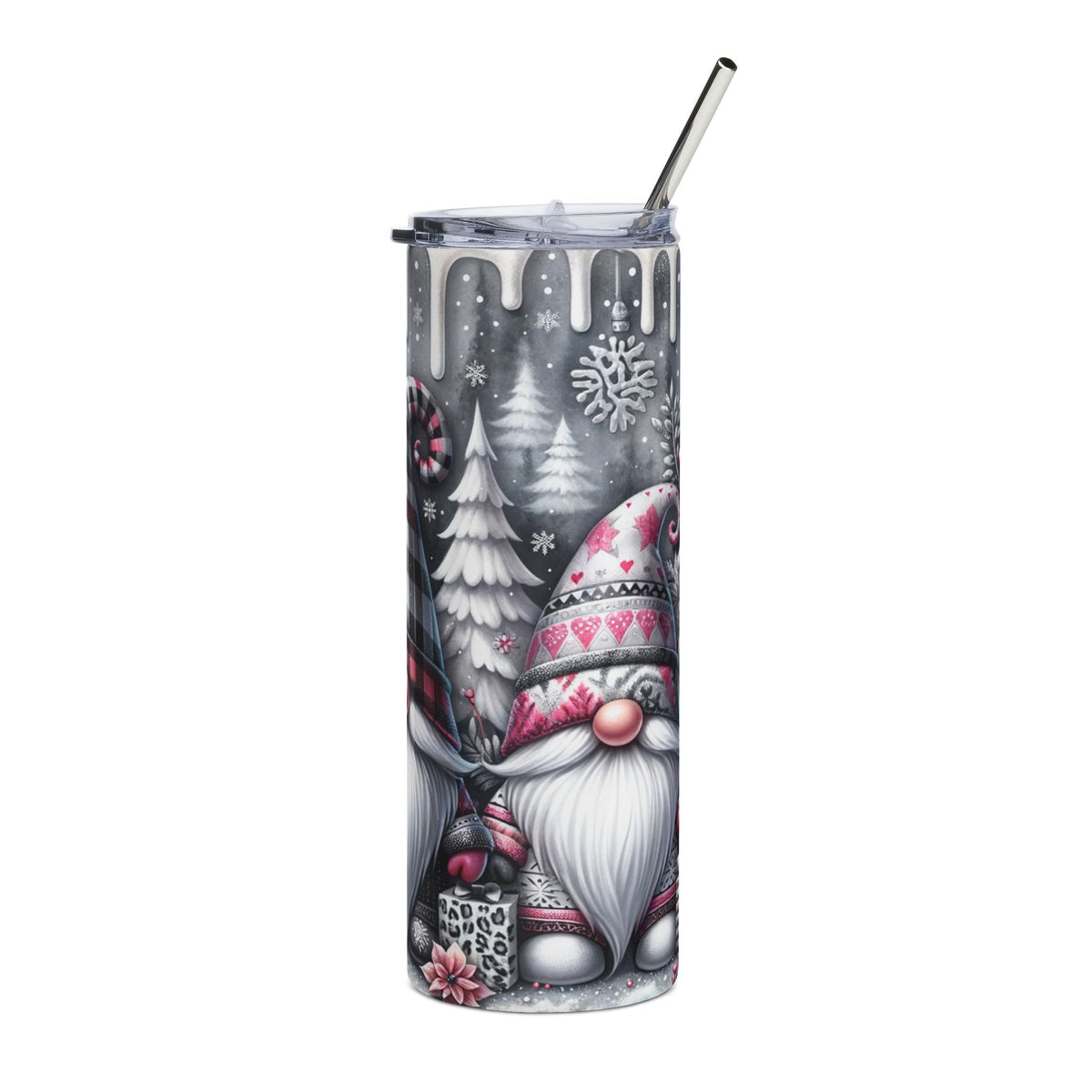 Tumbler with a winter gnome and snowflake design, featuring a metal straw.