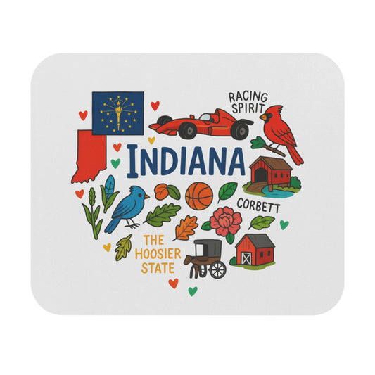 Indiana state outline with flag, racing car, birds, barn, and "The Hoosier State" text.