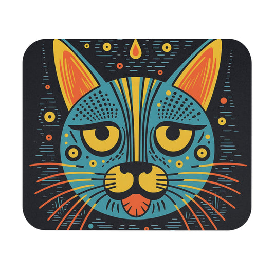 Stylized blue cat face with yellow eyes, orange ears, and colorful whiskers on a dark background.