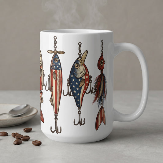 White mug with patriotic fishing lures and steam rising.