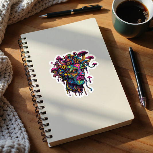 Psychedelic mushroom Medusa sticker on a notebook with coffee and pens.