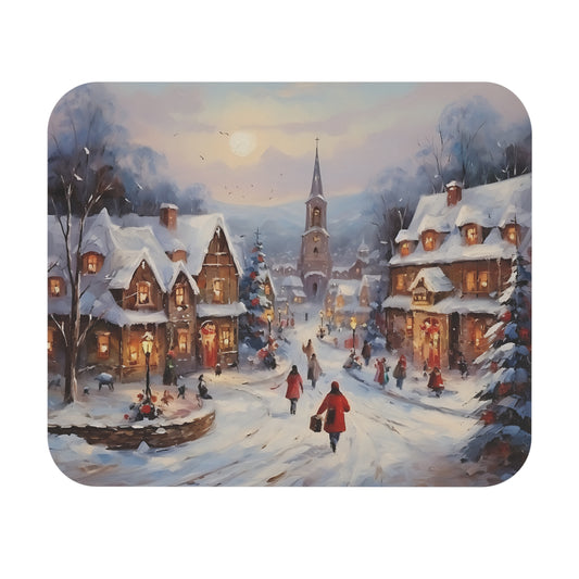 Snowy village scene with people walking past illuminated houses and a church.