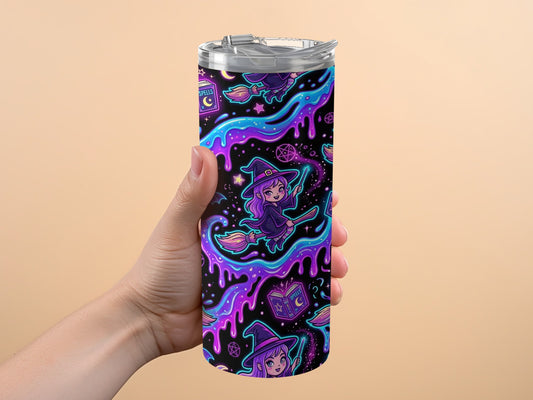 Tumbler with purple witch illustration, brooms, and spell book pattern.