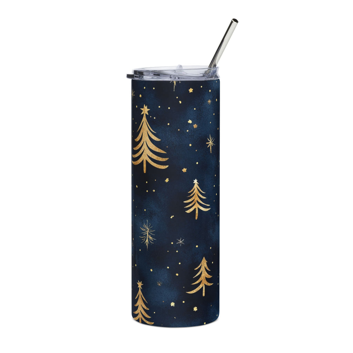 Dark blue tumbler with gold Christmas trees and stars, includes metal straw.