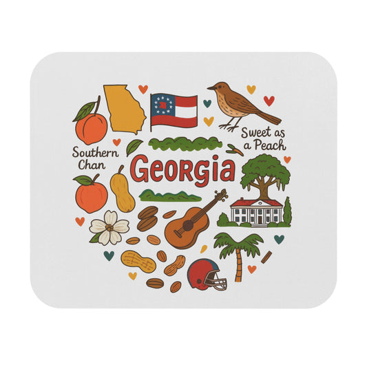 Georgia state outline, flag, bird, peaches, peanuts, guitar, and a house.