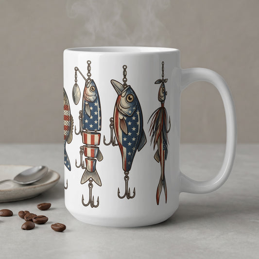 White mug with patriotic fishing lures depicted on the side.