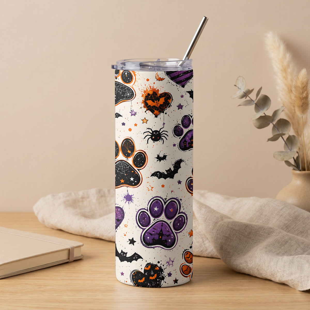 Tall tumbler with Halloween paw print, bat, spider, and heart pattern.