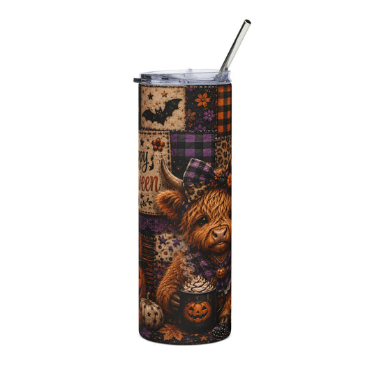 Halloween tumbler with a Highland cow holding a pumpkin spice latte.