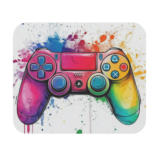 Video game controller with a vibrant rainbow watercolor splash background.
