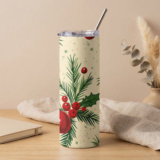 Tall insulated tumbler with a cream background and watercolor holly and berry design.