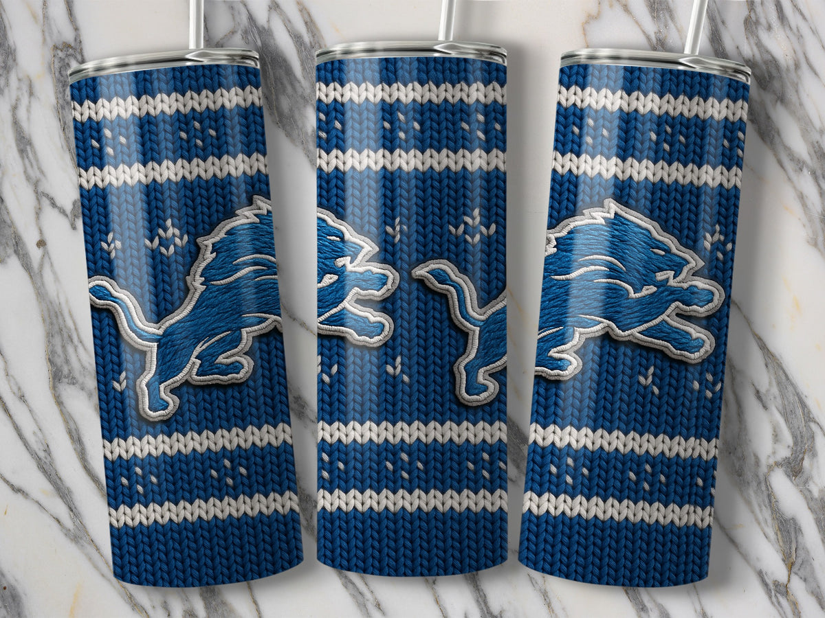 Detroit Lions logo on blue knit pattern insulated tumblers