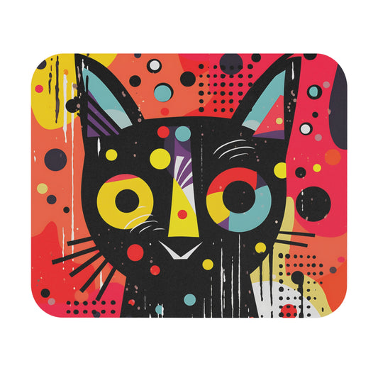 Abstract black cat face with colorful geometric shapes and splatters.