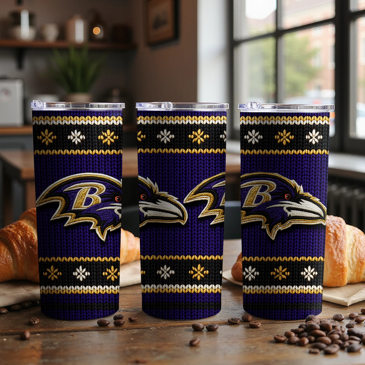Baltimore Ravens purple knitted pattern tumbler with snowflake and team logo.