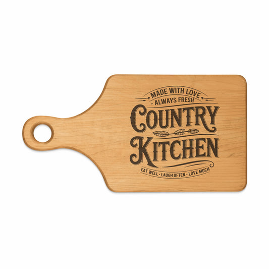 Wooden cutting board with "Country Kitchen" design and text.