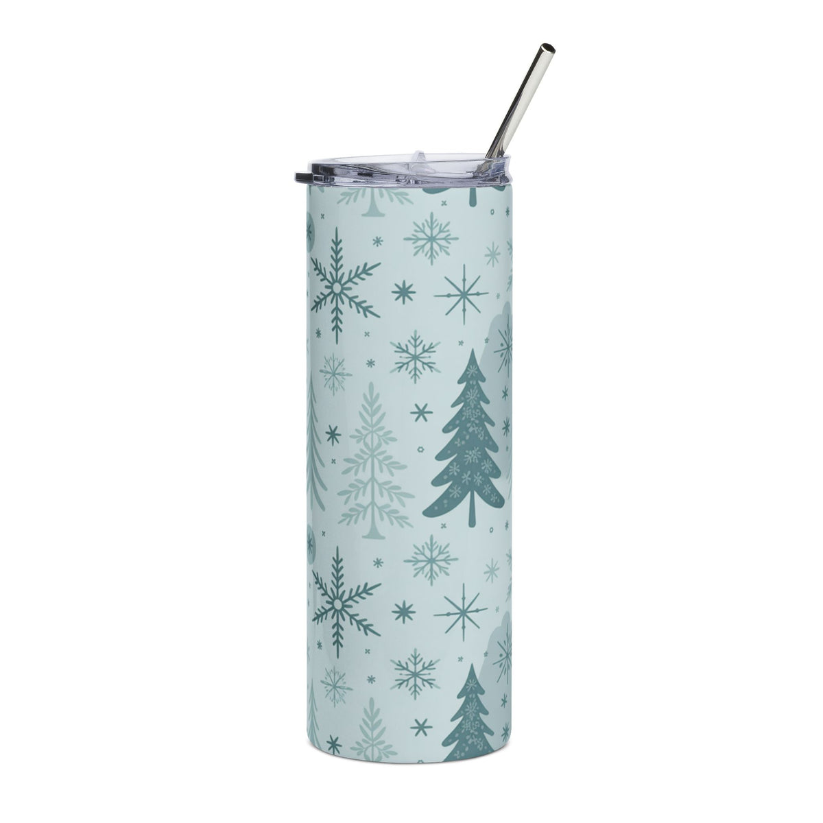 Light blue tumbler with snowflakes and Christmas trees, with a metal straw.