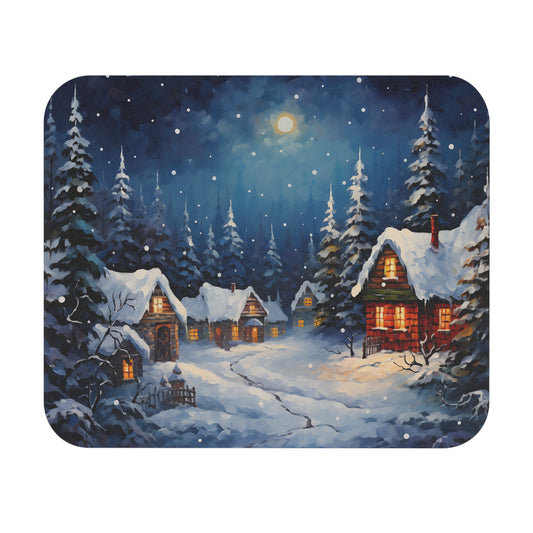 Snowy village at night under a full moon with warm light from cottage windows.