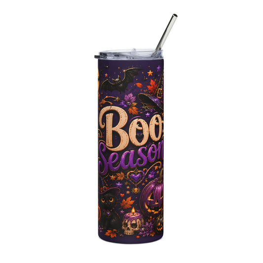 Purple tumbler with Halloween graphics and "Boo Season" text.