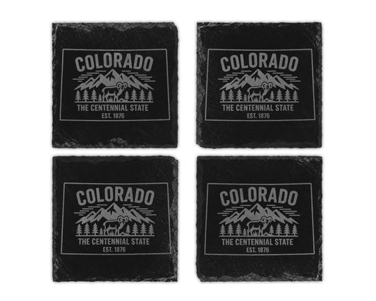 Four Colorado Centennial State coasters with mountain and ram design.