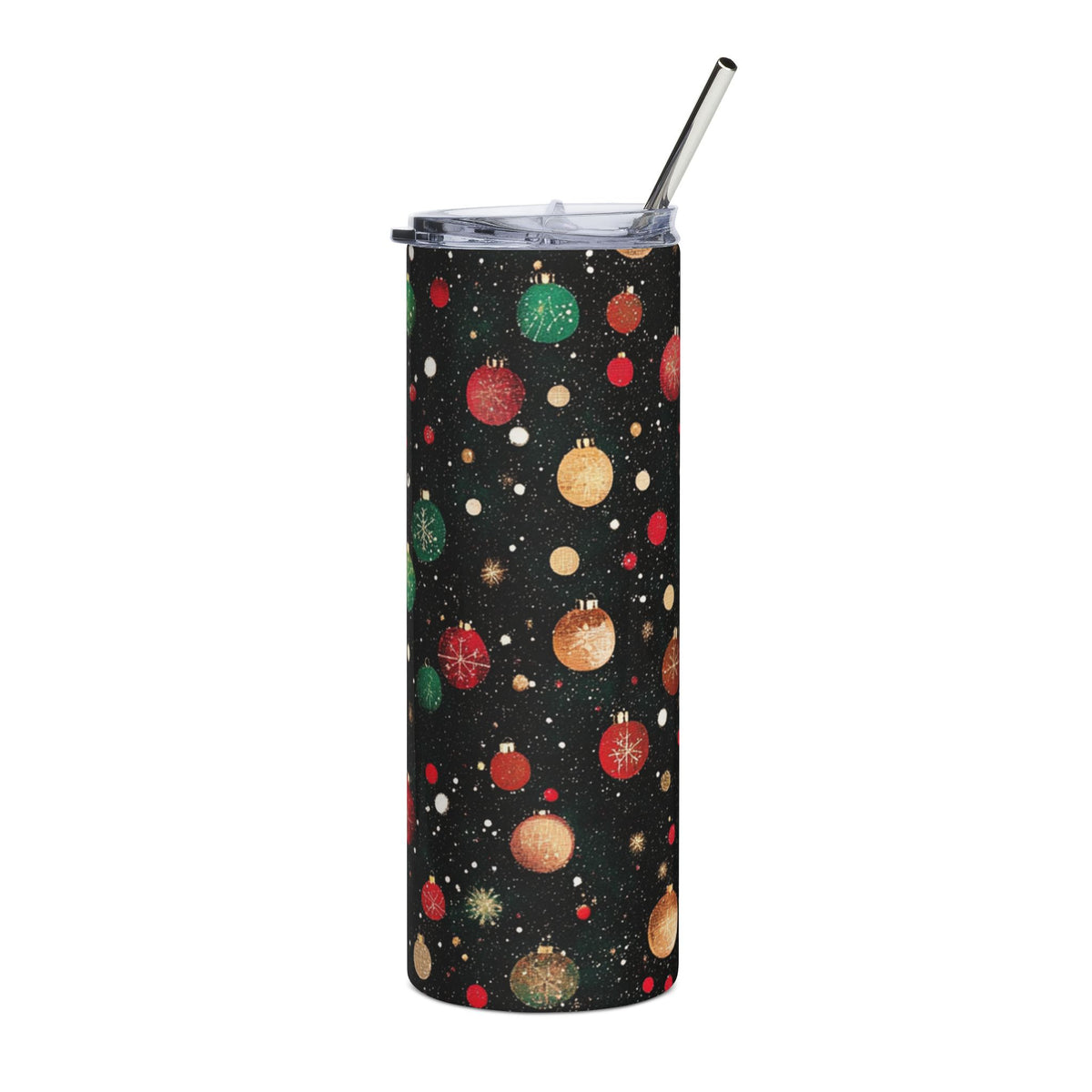 Black tumbler with a festive Christmas ornament pattern and a silver straw.