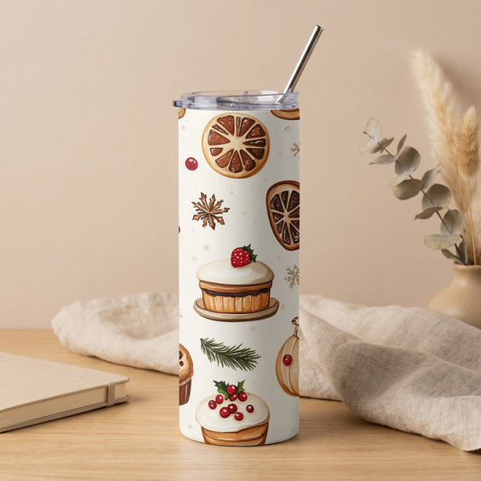 Tumbler with a cream background and watercolor Christmas dessert and fruit pattern.
