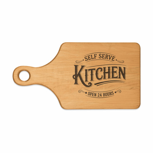 Wooden cutting board with "Self Serve Kitchen Open 24 Hours" etched design.