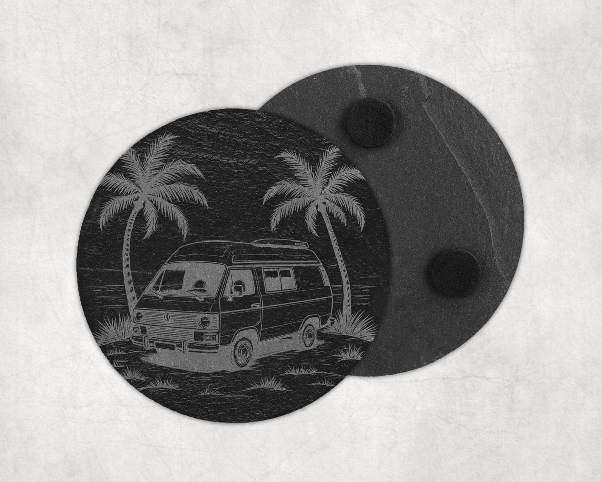 Slate coaster with laser-etched camper van and palm trees on a beach.