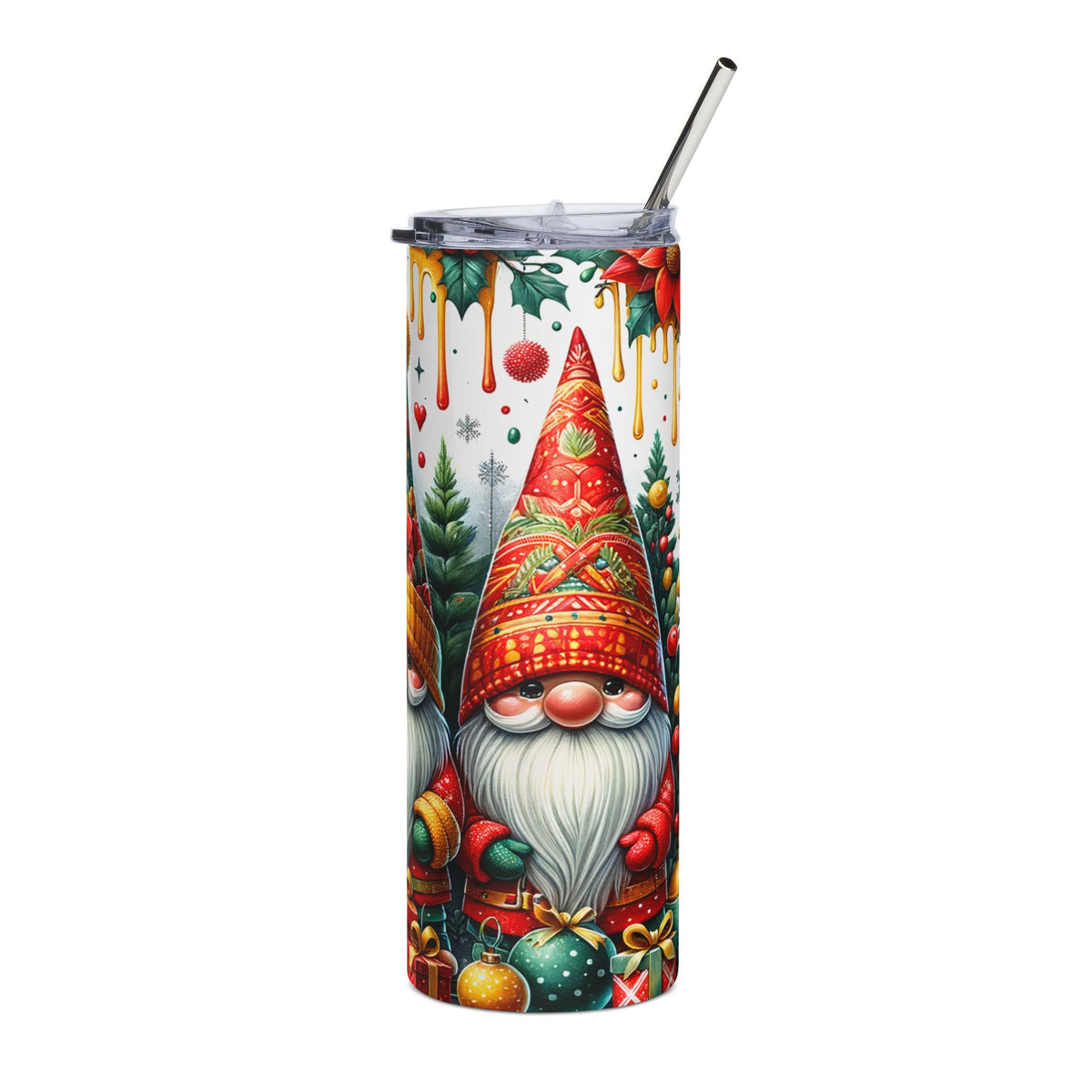 Tumbler with Christmas gnomes, presents, trees, and ornaments design.