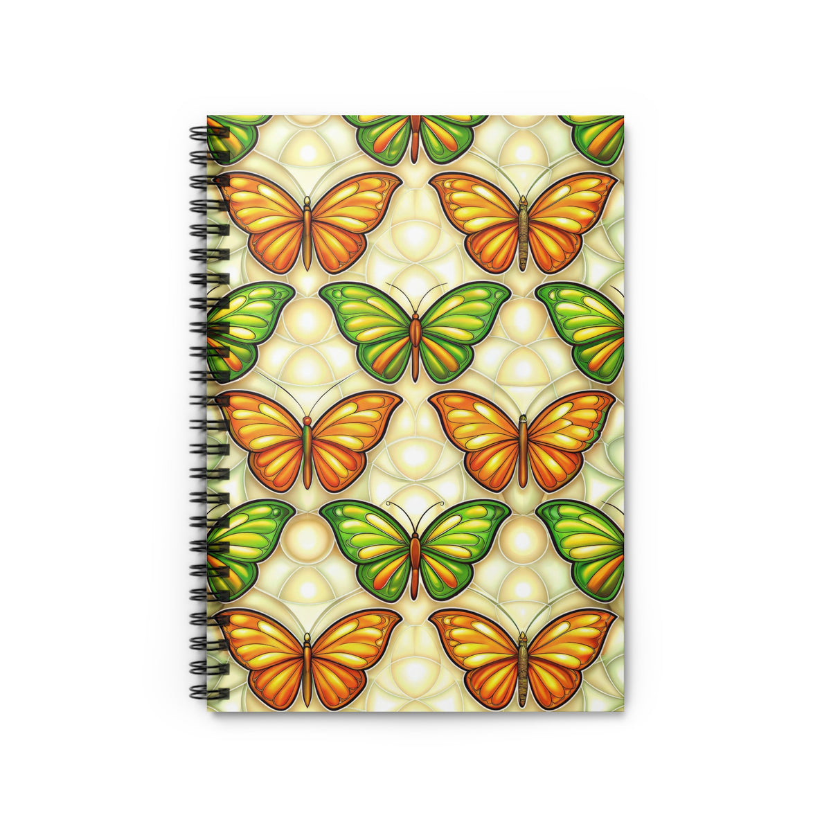 Spiral notebook with orange and green butterfly pattern and a light cream background.