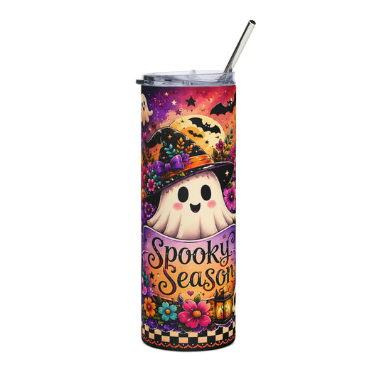 Tumbler with spooky ghost, bats, moon, and "Spooky Season" text.