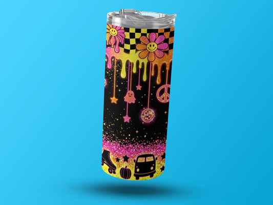 Tumbler with smiley flowers, checkerboard, drips, disco ball, ghost, stars, peace sign, and van.