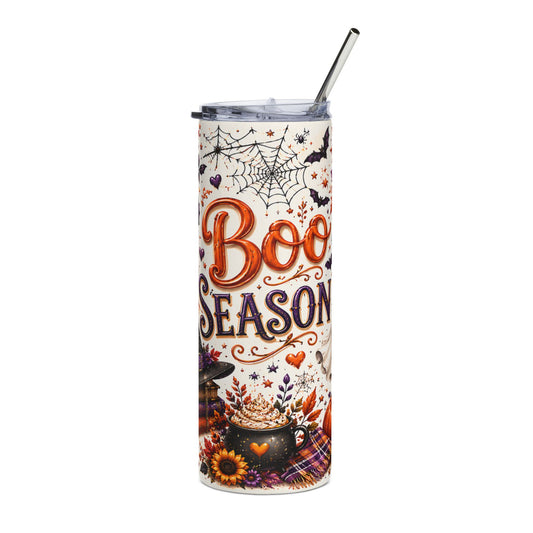 Tumbler with Boo Season text, Halloween graphics, and a metal straw.