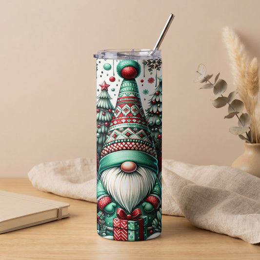 Tumbler with Christmas gnome, trees, snowflakes, and gifts pattern.