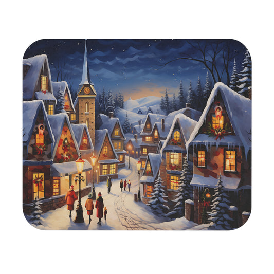 Snowy village street at dusk with festive decorations and people walking.
