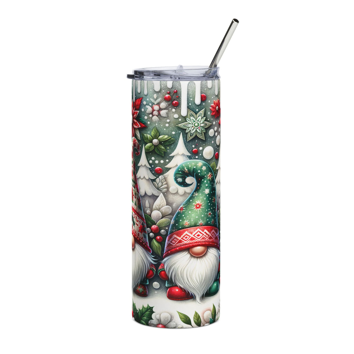 Tumbler with a festive gnome and winter forest design, featuring a straw.