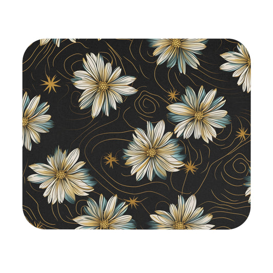 Dark background with repeating pattern of white and blue flowers and gold swirls.