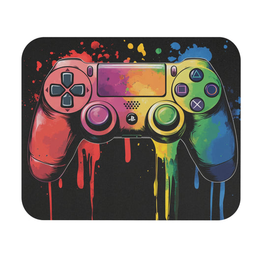Gaming controller with rainbow paint splatter and dripping effect on black background.