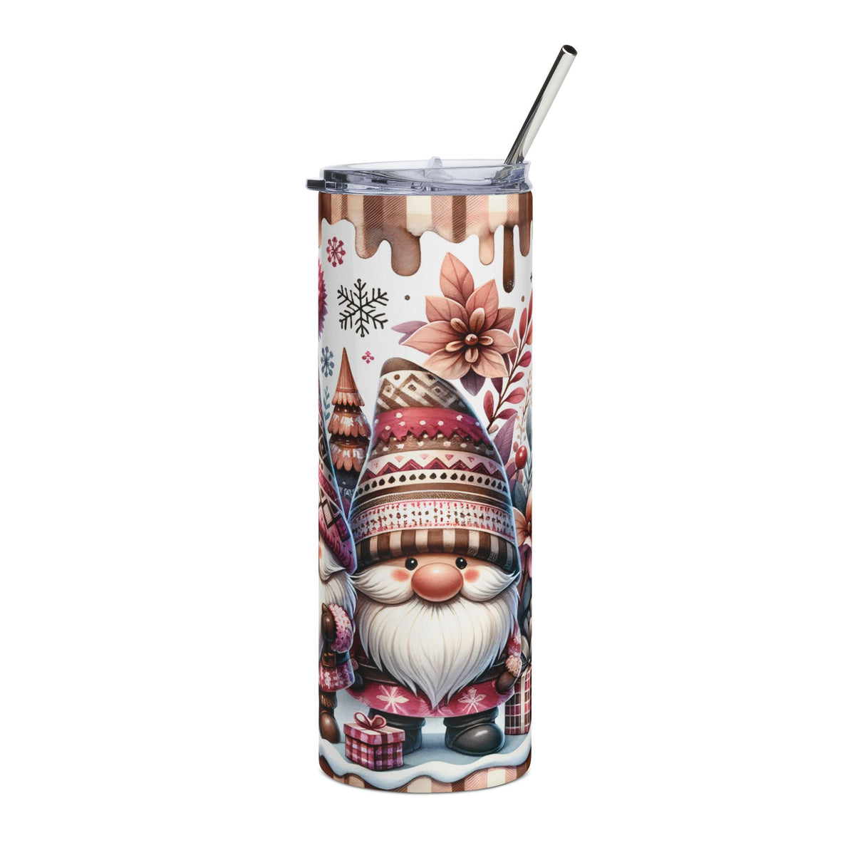 Tumbler with gnome, Christmas trees, snowflakes, and gift pattern.