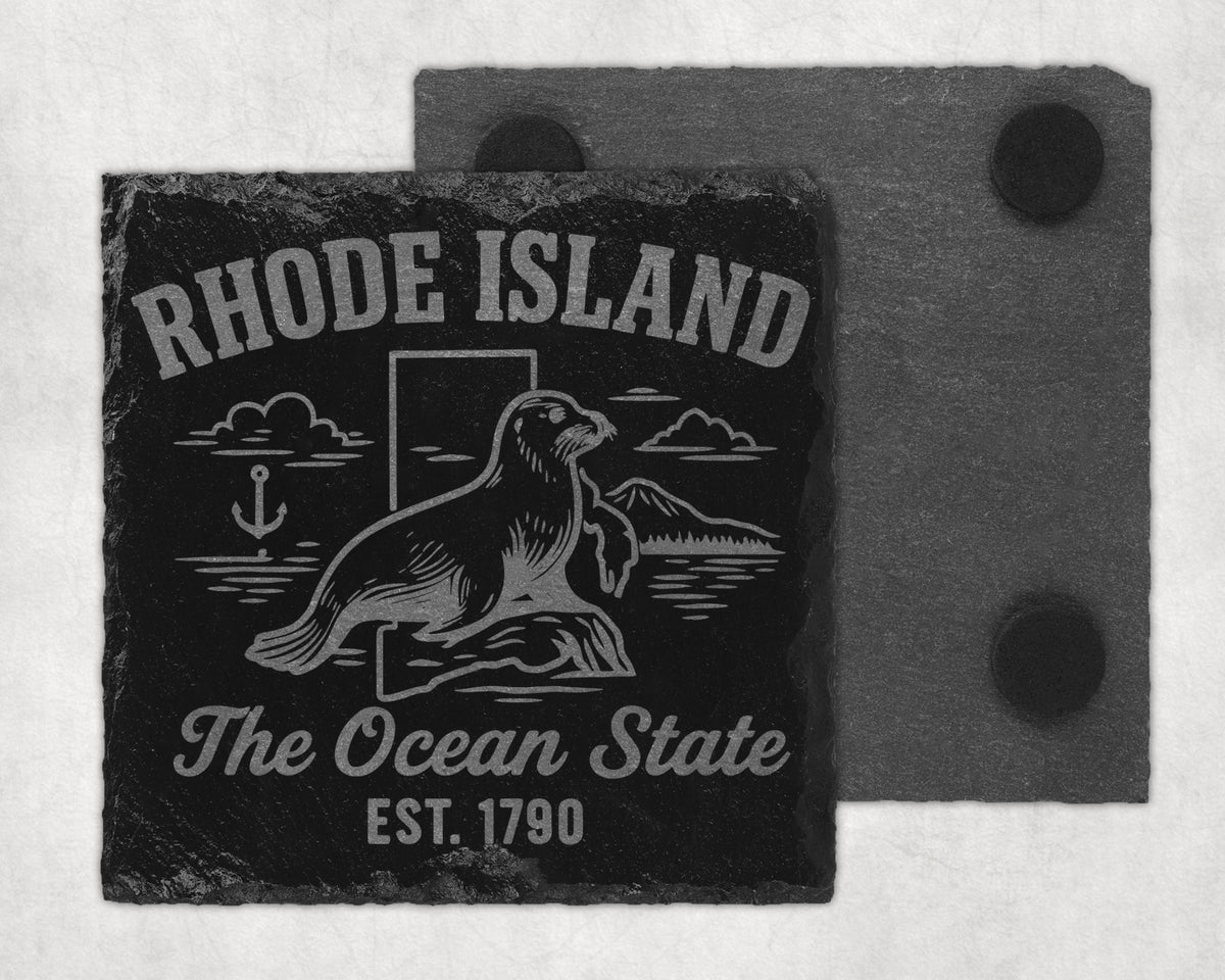 Rhode Island coaster with seal, anchor, and "The Ocean State Est. 1790" text.