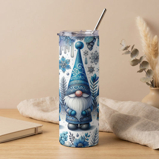 Blue gnome design on a white tumbler with a stainless steel straw and lid.