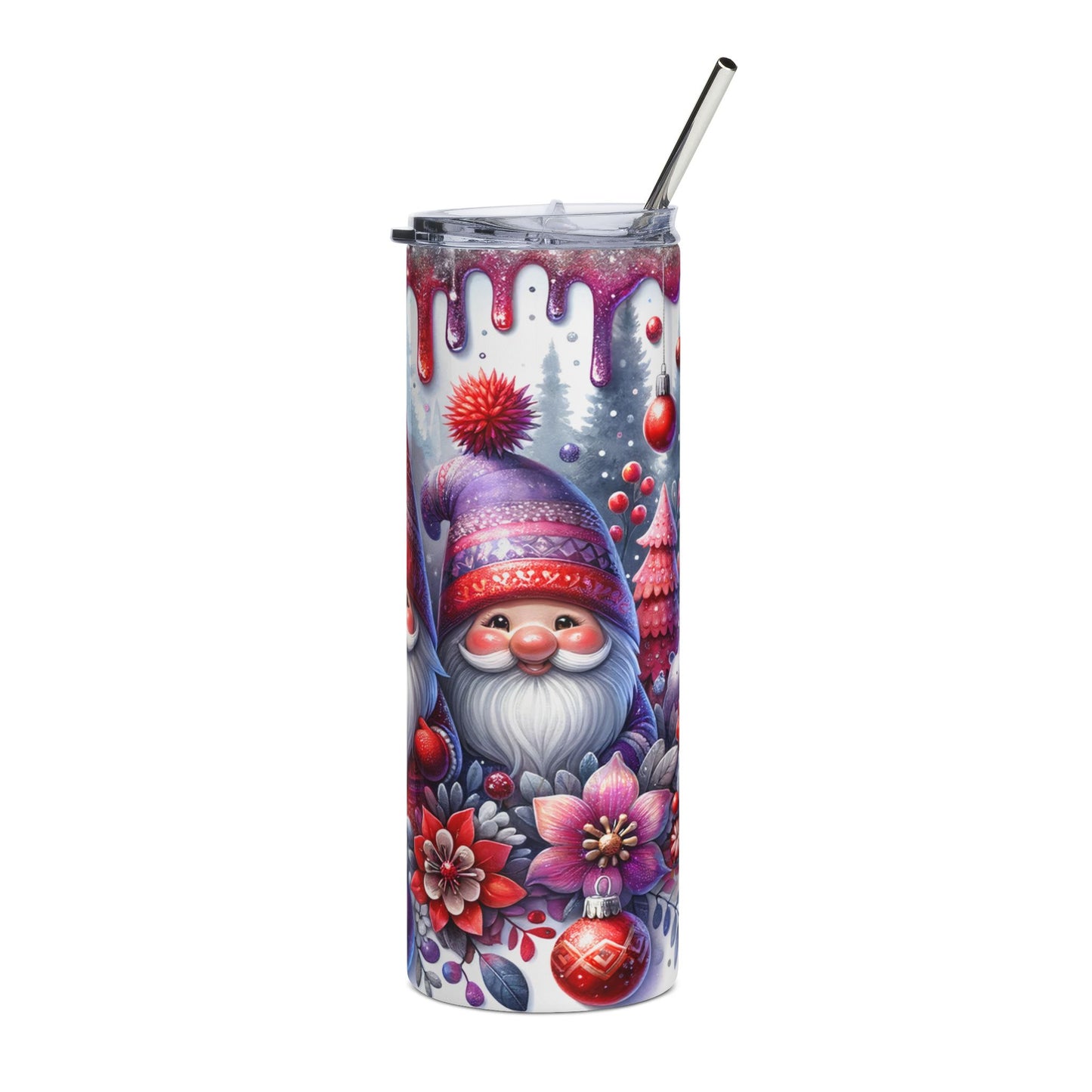 Tumbler with a gnome, winter forest, and Christmas ornaments design.