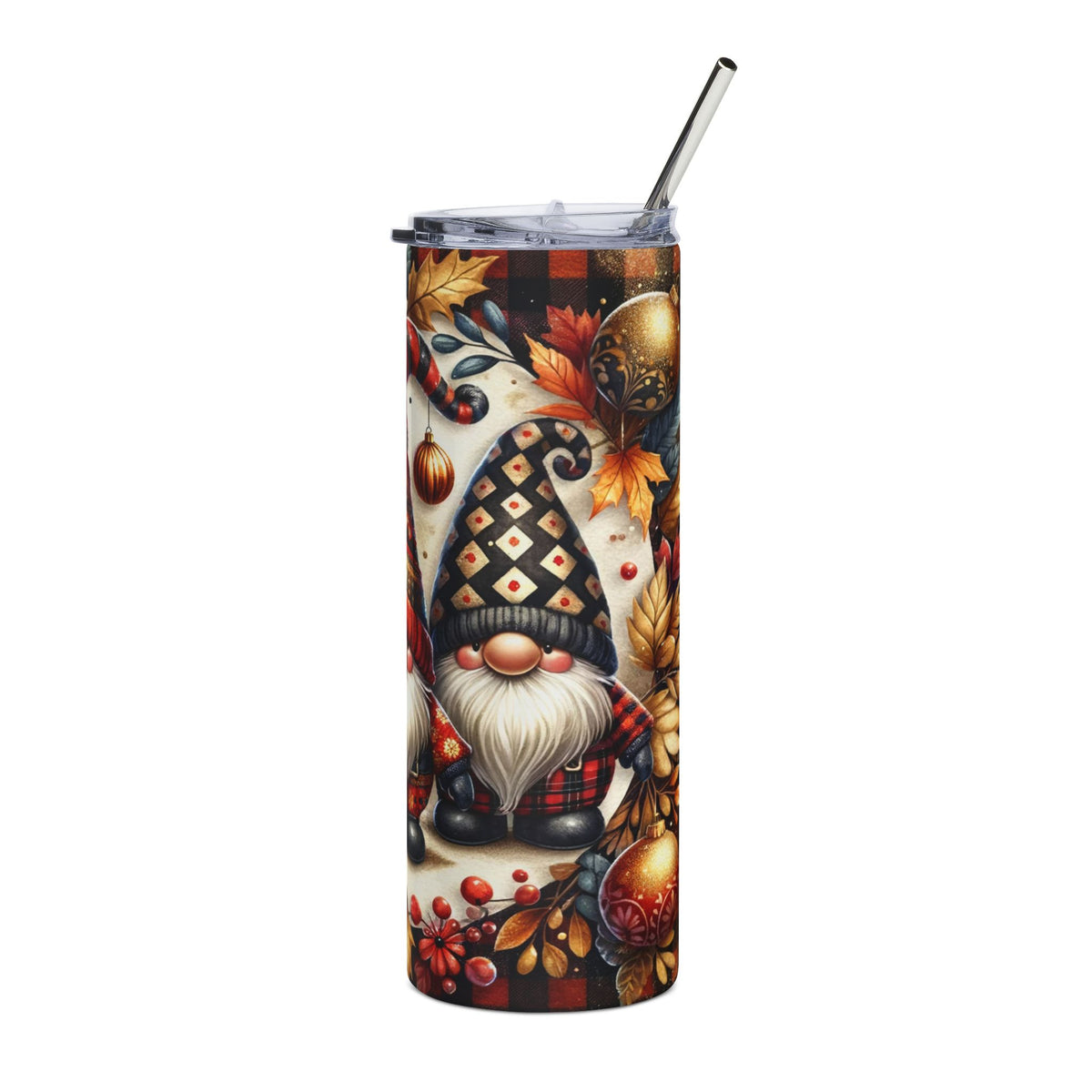 Tumbler with gnome, plaid, autumn leaves, and festive ornaments design.