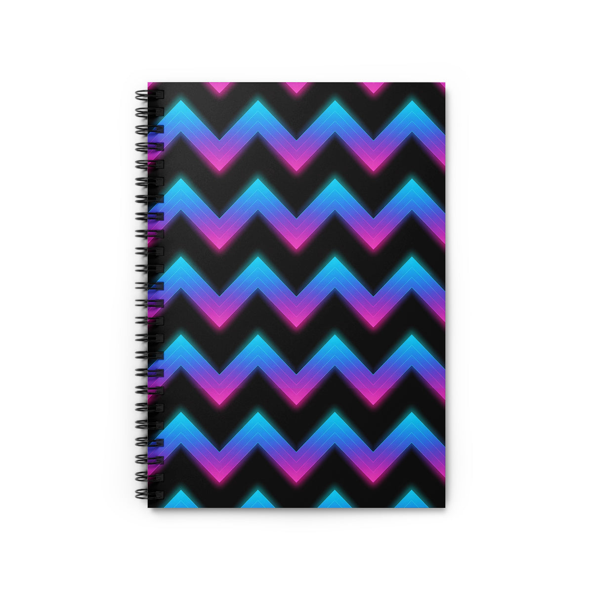 Spiral notebook with a black cover featuring a neon zig-zag pattern in pink and blue.