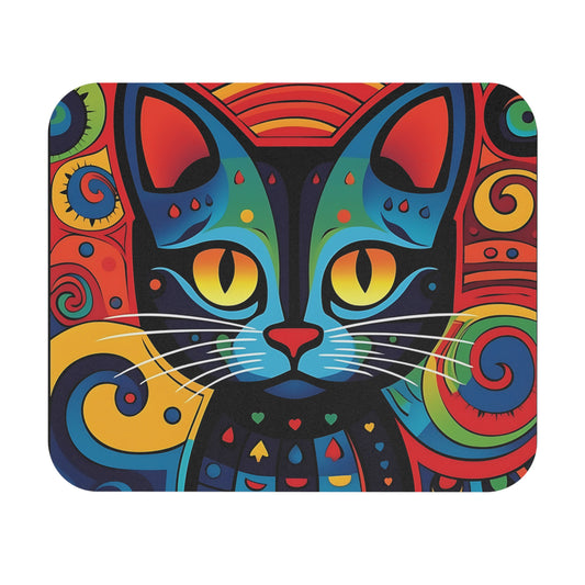 Rectangular mousepad featuring a vibrant, colorful abstract cat face with bold black outlines and swirling patterns.