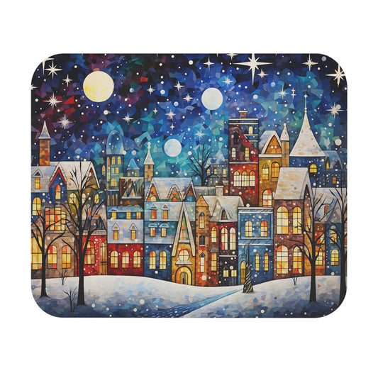 Colorful mosaic village under starry night sky with moons and snow.